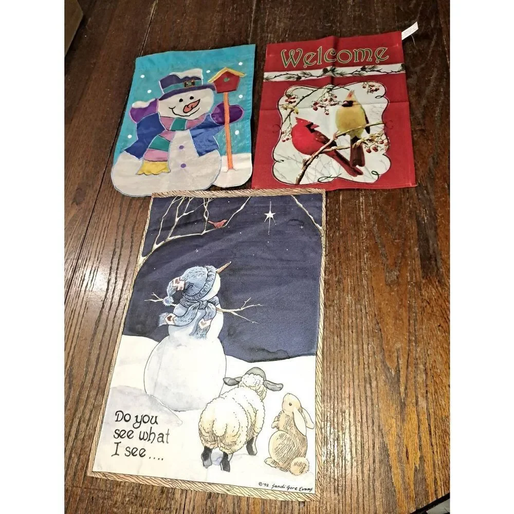3 Christmas Holiday Winter Garden Flags Snowman  Birds Holly Snow Lamb Star